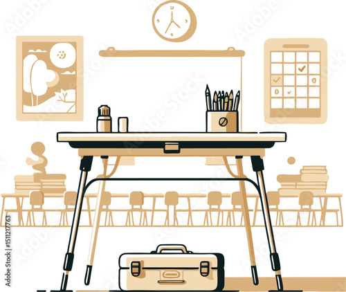Classroom Desk with Supplies and Tool Box - Minimalist Vector Illustration