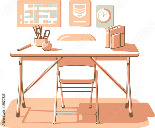 Minimalist Illustration of a Simple Workspace with Desk, Chair, and Supplies