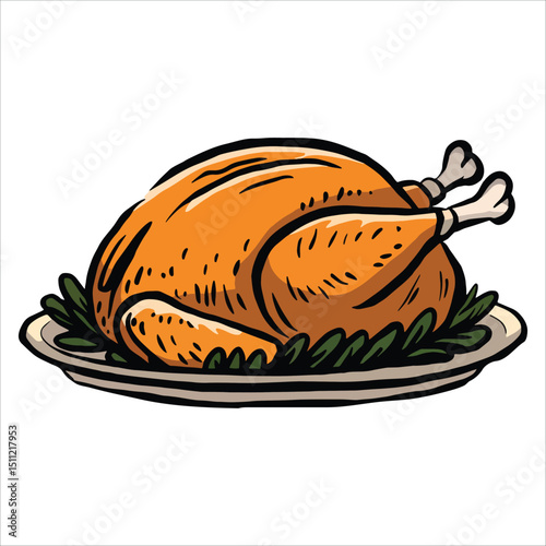 Roasted whole chicken on a plate, digital illustration. Perfect for culinary content, recipe books, and cooking themes.