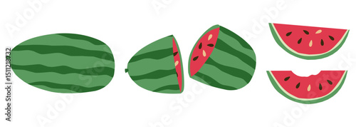 Vector illustration of watermelon in various different forms, whole, split, sliced and bitten.