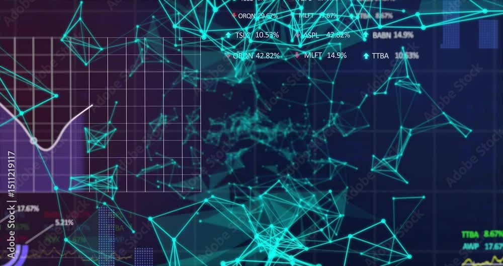 Initiating dark backdrop pulsing turquoise nodes, grid expanding and charts visualizing data trends