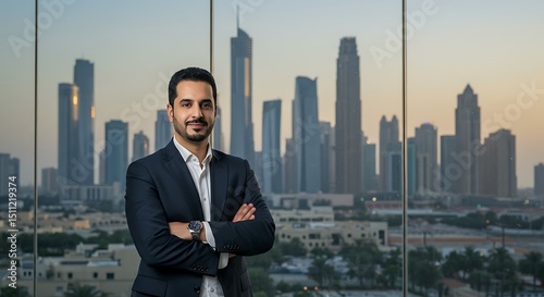 Confident Businessman Posing in Modern Office with Dubai Skyline View