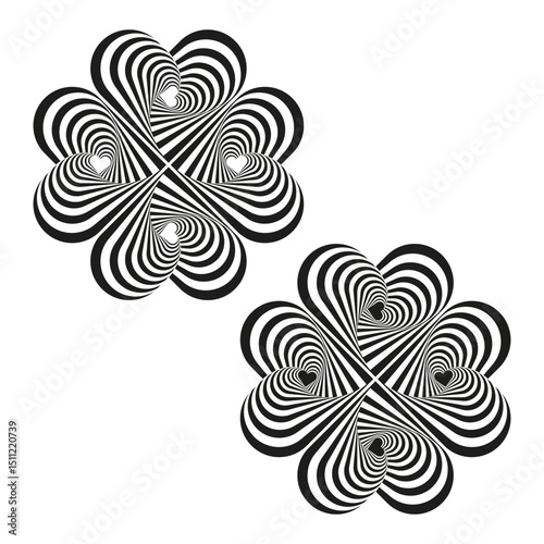 Striped heart pattern. Optical swirl illusion. Black white vector. Abstract love design.