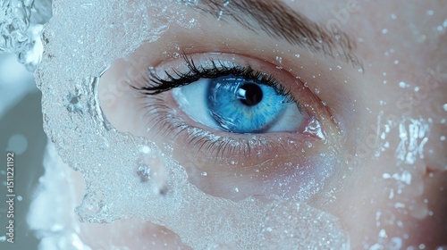 Close-up of a captivating blue eye with icy textures.