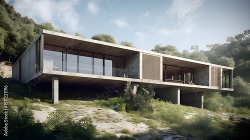 Modern Concrete  House Exterior, Minimalist Small Design, Dynamic Natural Settings, Varied Textures, Earthy Tones, Vibrant Accents, Randomized Weather, Serene Japanese Style, High-Quality Composition 