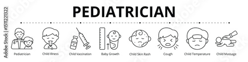 Pediatrician Line Banner Web Icon Set Vector Illustration, Child Illness Vaccination Baby Growth Skin Rash Cough Temperature Message