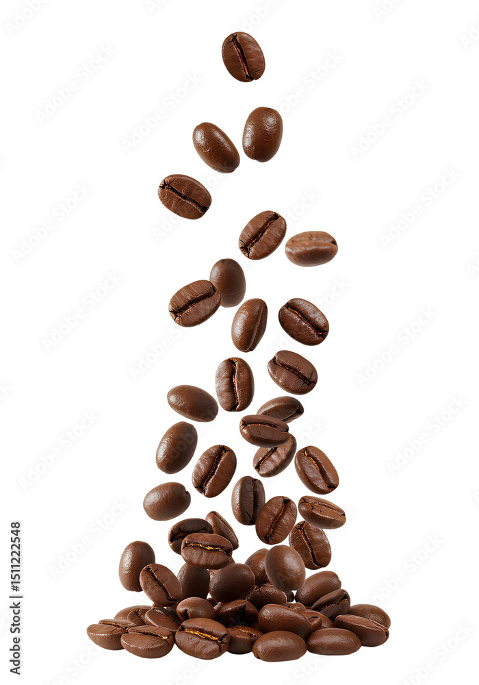 Obraz premium Floating Roasted Coffee Beans on Transparent Background – Great for logos, packaging designs, background overlays, or café marketing