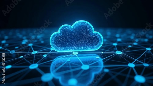 Blue Neon Cloud Icon with Network Mesh Background