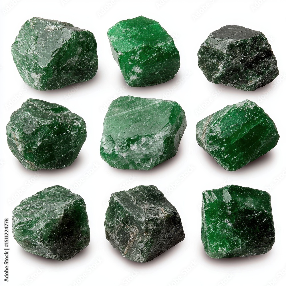 Nine Uncut Green Gemstones on White Background Nine Uncut Green Gemstones on White Background