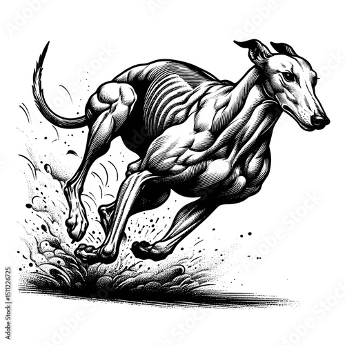 Powerful greyhound dog running fast. Greyhound, Canis familiaris, shows musculature in motion. Athletic greyhound in full stride, perfect for sports themed designs or posters.