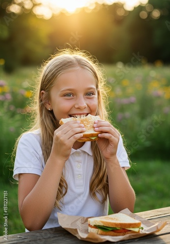 Girl Eating Sandwich Outdoors On Summer Day During Picnic at Park