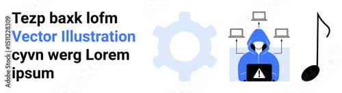 Hooded figure with warning symbol on laptop connected to multiple desktops, gear, and musical note. Ideal for cybersecurity, online safety, hacking prevention, tech threats, data breaches, IT