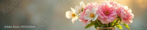 A delicate arrangement of pink and white flowers in a vintage vase, bathed in soft sunlight Perfect for spring, wedding, or feminine themes , macro, calm, petals