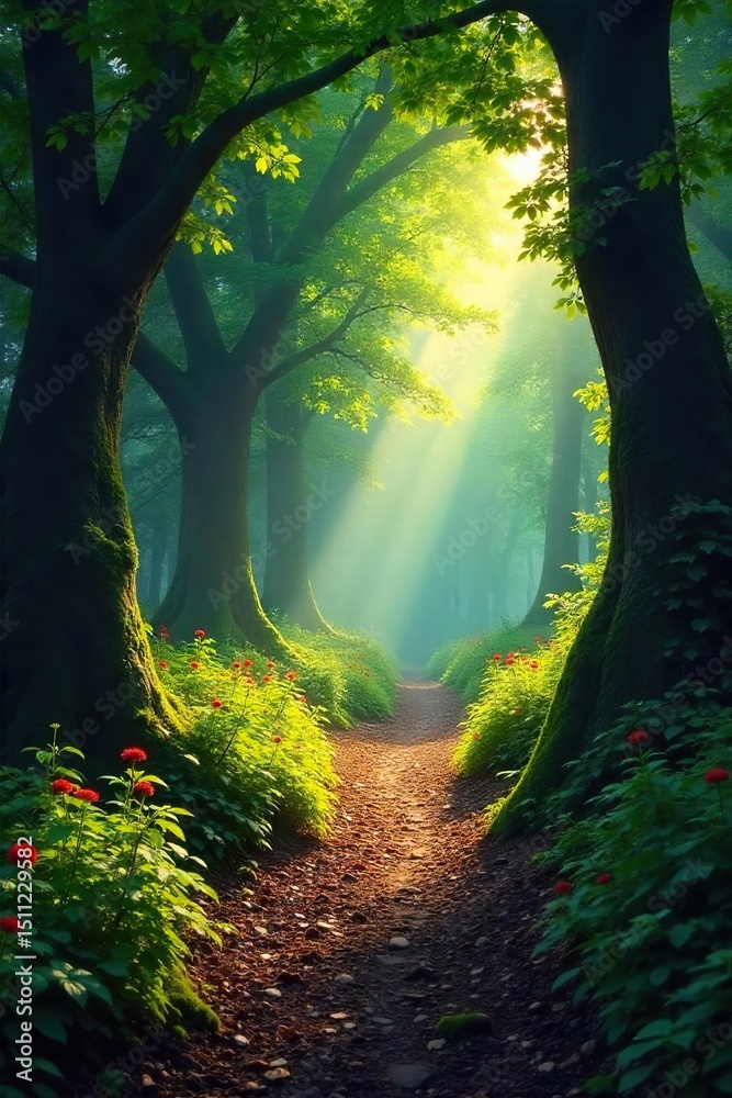 Obraz premium Sun-dappled path winding deep into a mysterious, ancient back forest, sunlight filtering through dense canopy, creating dappled shadows on the ground , woodland, scenic