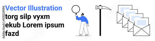 Person holding magnifying glass, series of envelopes, and pickaxe highlighting effort, research, communication, and exploration. Ideal for data analysis, communication, mining marketing teamwork