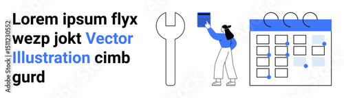 Woman placing a note on a calendar, large wrench symbolizing tools or settings, and text components. Ideal for planning, scheduling, organization, tools, productivity, events simple landing page