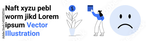 Woman places money into a piggy bank near a plant with a dollar symbol at the top. Nearby, a neutral face icon expresses doubt or concern. Ideal for finance, growth, investment, saving