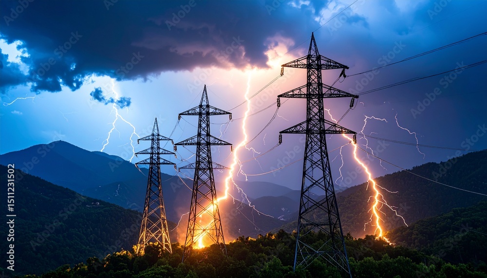 Foto Dramatic Lightning Strikes Power Lines During a Stormy Night