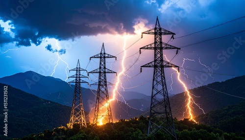 Dramatic Lightning Strikes Power Lines During a Stormy Night