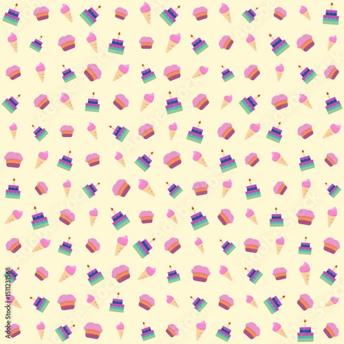 Sweet birthday cake pattern, pink ice cream, cute vector cupcake, food seamless