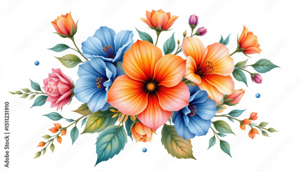 Obraz premium Vibrant arrangement of watercolor flowers featuring orange, blue, and pink blooms, surrounded by lush green leaves, creating cheerful and lively atmosphere
