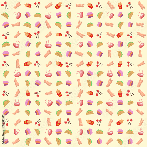 Mixed food vector pattern, sushi bread fries beef cupcake, cute design