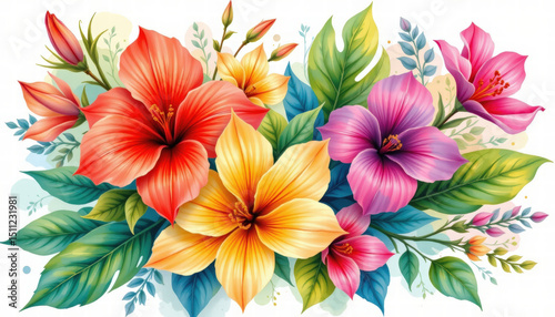 Vibrant watercolor illustration of tropical flowers featuring hibiscus and other blossoms, surrounded by lush green leaves, creating lively and cheerful atmosphere