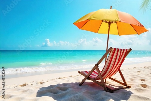Relaxing beach scene with a striped deck chair tilted back under a vibrant beach umbrella providing shade on the sand Perfect for summer vacation themes , paradise, colorful, calm