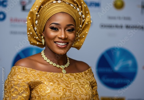 A stunning woman in Nigerian traditional attire radiates beauty and smiles at the camera.