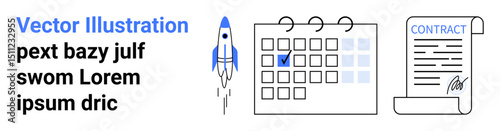 Rocket launching, calendar with a marked date, and a signed contract emphasize planning, deadlines, and accomplishments. Ideal for business planning, project management, startups, productivity