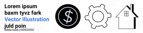 Dollar sign in circle, gear, and house silhouette. Ideal for finance, progress, productivity, real estate, business growth, innovation and simple landing page