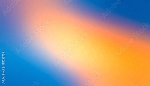 Grainy analog photo depicts a vibrant sunset gradient sky fading from deep blue to warm orange hues.