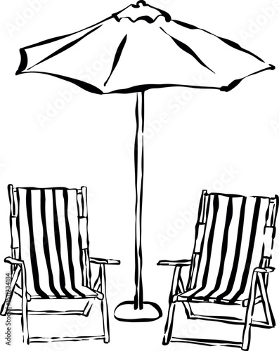 Ilustración vectorial de dos tumbonas con sombrilla. Garabato de sillas de playa. Dibujo a mano de vacaciones en verano. 