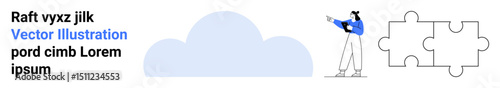 Person pointing towards puzzle pieces next to a large cloud graphic. Ideal for teamwork, goal setting, problem-solving, collaboration, cloud services, planning, simple landing page