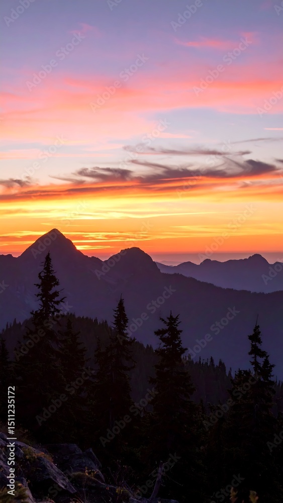 Fototapeta premium Mountains at dawn display a vibrant sky filled with orange, yellow, and lavender hues at daybreak.