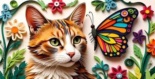 Manx cat with a colorful butterfly and the fresh garden in quilling paper style.