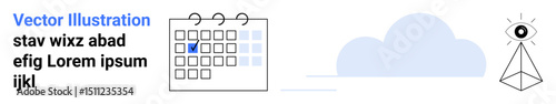 Calendar with a checked box, cloud symbolizing goals, and pyramid with an eye representing vision. Ideal for scheduling, strategy, planning, focus, organization, productivity simple landing page