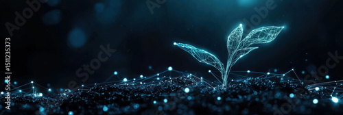 Futuristic digital plant sprout emerges from network of glowing lines, symbolizing growth and connectivity in a dark