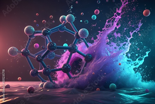 Hexagonal Molecular Structure with Colorful Liquid Splash – Scientific Visualization
