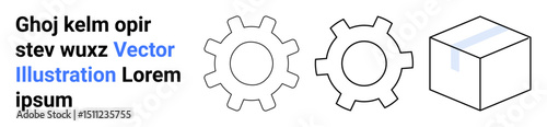 Two cogwheels and a box. Ideal for manufacturing, logistics, engineering, workflow, productivity, optimization, supply chain. Perfect fit for a simple landing page