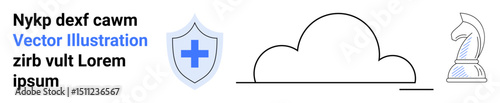 Cloud icon beside shield with cross and chess knight. Strategic planning, data protection, technology, innovation, cybersecurity, healthcare, business foresight. Ideal for a simple landing page