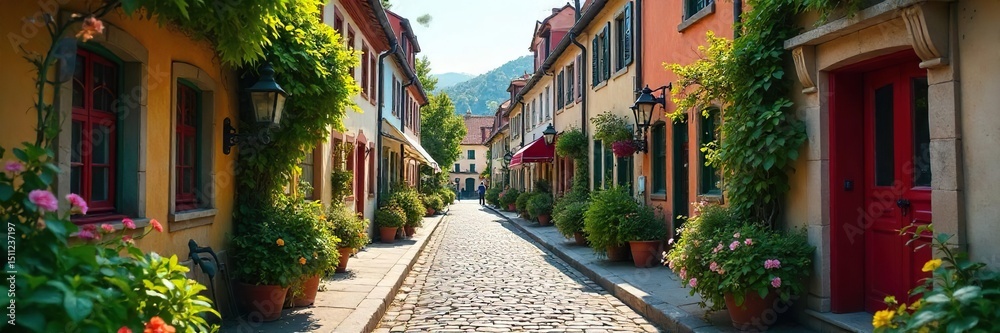 Obraz premium Charming cobblestone street in a quaint European city, lined with colorful buildings and lush greenery Perfect for travel, tourism, and city life imagery , photogenic, urban