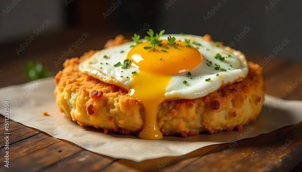 Delicious fried egg atop golden-brown cheesy biscuit breakfast meal Delicious fried egg atop golden-brown cheesy biscuit breakfast meal