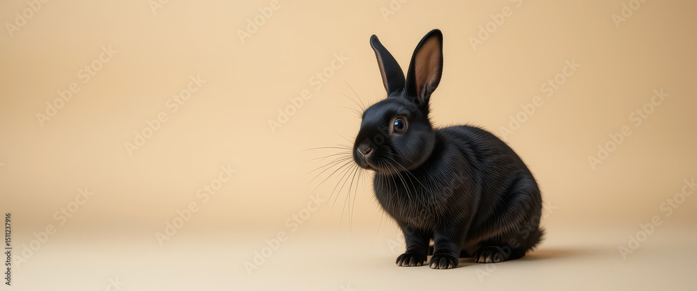 Obraz premium Elegant black Havana rabbit sitting on neutral beige background, sleek fur and upright ears ideal for pet photography, animal blogs, and stock photo use