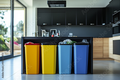 Recycling bins neatly arranged in modern kitchen. Sustainability at home, waste separation. Organized and conscious 