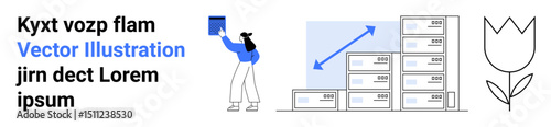 Woman placing box on stacked packages beside upward trend chart and flower outline. Ideal for growth, logistics, teamwork, productivity, storage, organization, simple landing page