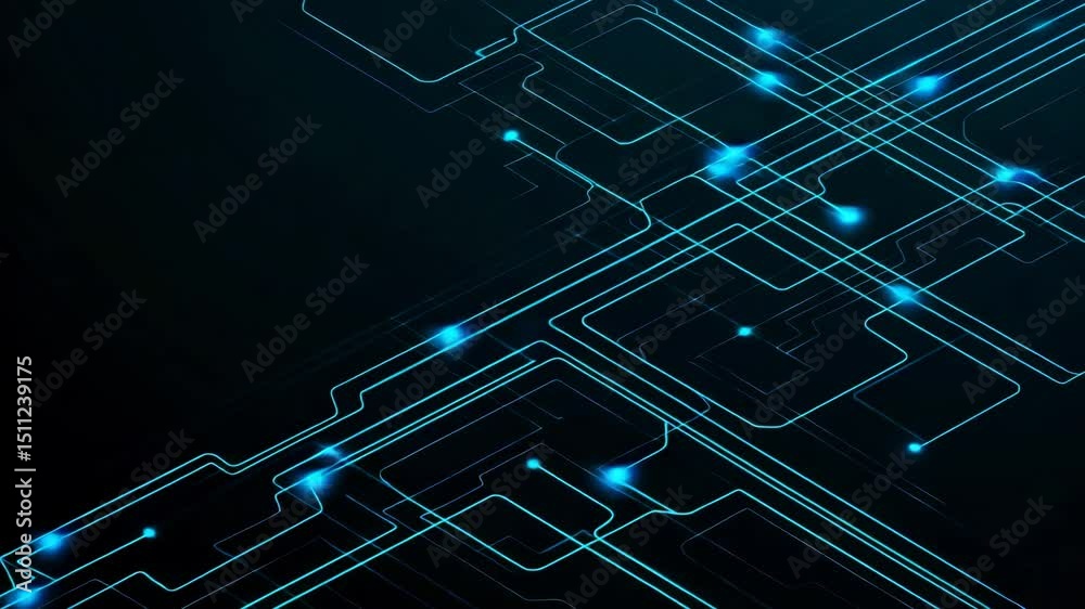 Futuristic isometric digital circuit glowing with neon blue and cyan lines, abstract data flow animation without central processing unit, high-tech network concept