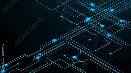 Futuristic isometric digital circuit glowing with neon blue and cyan lines, abstract data flow animation without central processing unit, high-tech network concept