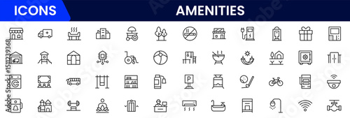 amenities facilities line icons, hotel parking restaurant park swimming pool, Vector illustration