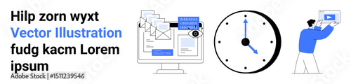 Computer screen with emails, files, and a calendar. Clock symbolizing time tracking. Person holding a displayed video. Ideal for productivity, workflow, organization, time management communication